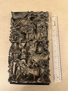 Antique Chinese 3d Carved Wood Panel Warriors Scene Aged Gold Gilt