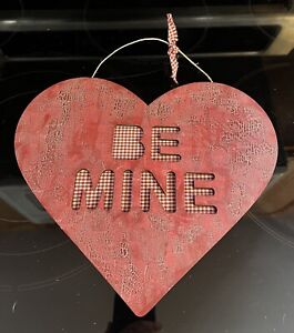 Primitive Crackle Red White Be Mine Heart Hanging