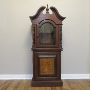Vintage Antique Wood Grandfather Clock Cabinet W Carved Scene On Bottom Door