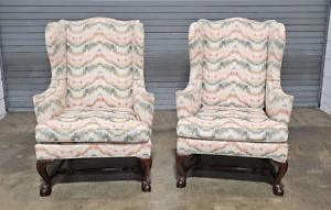 Pair Of Baker Mahogany Chippendale Style Wing Chair Claw Ball Feet