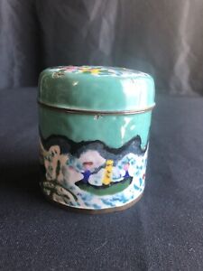 Antique Chinese Cloisonne Lidded Tea Cigarette Jar Hand Painted