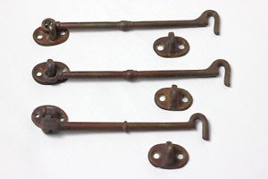 3 Antique Brass Door Stop Stopper Hooks With Original Eye Catches 1910