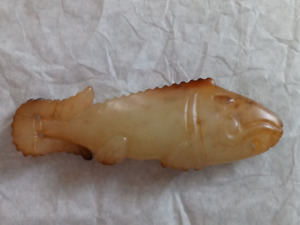 Vintage Hand Carved White Jade Koi Goldfish Pendant
