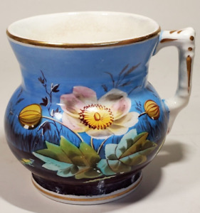 19th Century English Staffordshire Hand Painted Pitcher Jug Florals On Blue