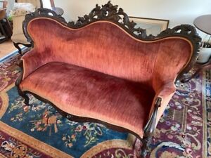 Heavily Carved Grape And Nut Victorian Sofa Red Velvet Rosewood Rococo Revival