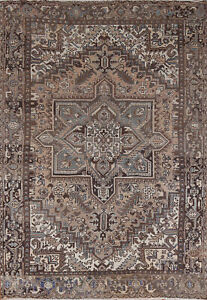 Vintage Muted Hand Knotted Wool Geometric Heriz Living Room Rug Area Carpet 7x10