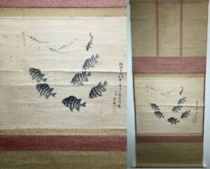 Kakejiku Hanging Scroll School Of Fish Art Painting Japanese
