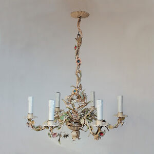 Antique Italian Florentine Tole Chandelier Ceiling Light 6 Arms Flowers Vintage