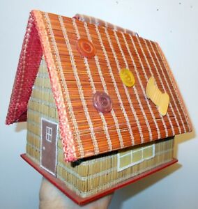 Vtg Rare Japan Sewing Basket Box House Design Pin Cushions