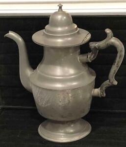Antique American Pewter Tall Teapot Coffeepot Rufus Dunham Westbrook Me 