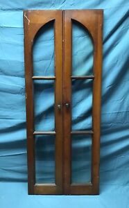 Pair Antique 3 Lite Arched Glass Cabinet Cupboard Window Doors Vtg 9x44 910 22b