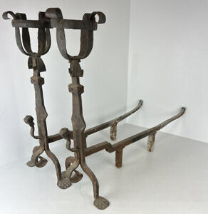 Antique Wrought Iron Fireplace Andirons Pair Gothic Arts Crafts Basket Top
