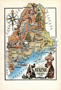 1940s Vintage Maine Picture Map Antique Maine State Map Wall Art Decor 1559