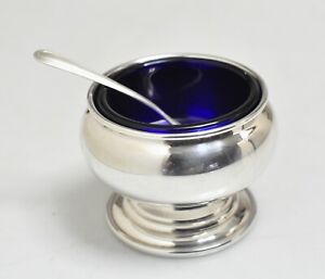 Vintage Sterling Silver Cobalt Blue Glass Salt Cellar With Spoon