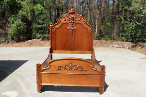 Spectacular Heavily Carved Walnut Victorian Queen Bed With Birds Nest Crown
