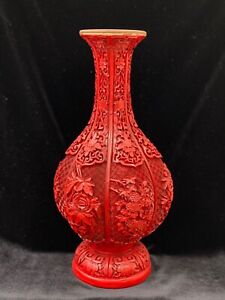 Vintage 13 Red Cinnabar Lacquer Enamel Brass Tall Vase Chinese Floral Carving