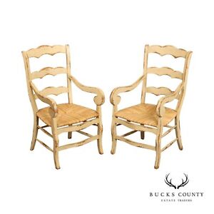 French Country Style Pair Of Painted Ladderback Armchairs With Rush Seats