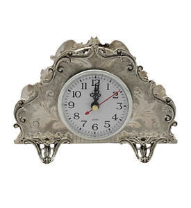 Fine 925 Sterling Silver Handmade Chased Ornate Matte Shiny Quartz Table Clock