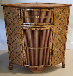 Vintage Burnt Tortise Bamboo Corner Cabinet Table