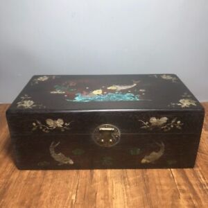 14 Noble Natural Ebony Wood Inlay Shell Lotus Fish Jewelry Box Big Storage Box