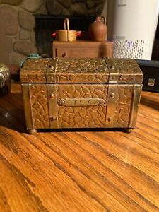 Arts And Crafts Embossed Copper Brass And Wood Tea Box
