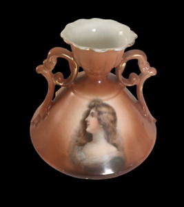 Antique Portrait Porcelain 4 1 2 Small Vase Austria Victorian Lady Ornate Vtg