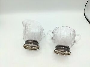 Purple Tint Floral Etched Glass Cream And Sugar Set On Mounted Sterling Silver
