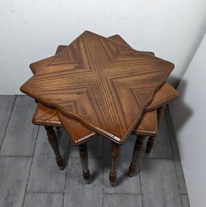 Vintage Set Of 3 Victorian Oak Wood Mini Square Stacking Tables Plant Stand