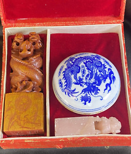 Chinese Red And Gold Box With 2 Carved Seal Stones And Porcelain Dish Wax Paste