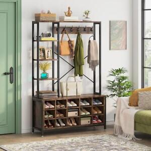 Byblight Hall Tree W Bench 15 Pairs Shoes Storage Shelves Rack Rustic Brown