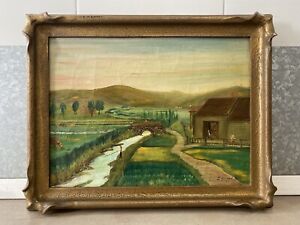  Antique Old French Countryside Landscape Folk Art Oil Painting Vialard 1924