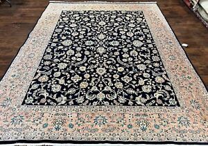 Oriental Rug 8x11 Fine Carpet Floral Allover Navy Pink Vintage Wool Handmade