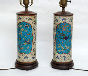 Vintage Antique Asian Cloisonne Cylinder Lamps Bird Motif Famille Chinese Enamel