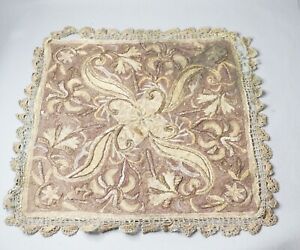 19c Ottoman Turkish Hand Embroidery Placemat Golden Metallic Thread Crochet Lace