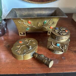 Vintage Chinese Brass Bronze Cabochon Greek Key Cachepot Silent Butler Inkwell