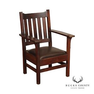 J M Young Son Mission Arts And Crafts Oak And Leather Arm Chair
