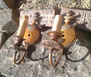 Pair Of Antique Cast Brass Electric Wall Sconces Aladdin Lamps W Torches Detail