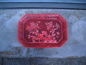 Large Chinese Cinnabar Lacquer Tray Peonies 14 By 10 Age Vg
