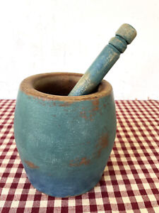 Antique Wood Mortar Pestle 5 1 4 Tall Blue Paint Vintage Apothecary