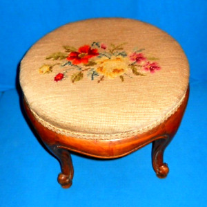 Vintage Wooden Footstool With Floral Needlepoint Top Michigan Frame Company