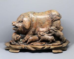Vintage Chinese Soapstone Sow W Piglets Figurine On Wooden Base 61 2 L X 4 H