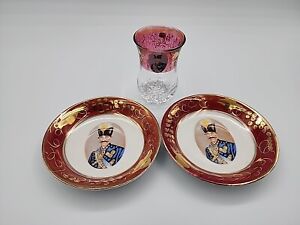 Very Rare Persian Naser Al Din Shah Qajar King Portrait 2 Saucers And Cup