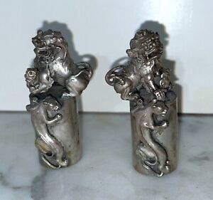 Pair Of Old Chinese Silver Color Metal Seals With Foo Dogs Mythical Creatures