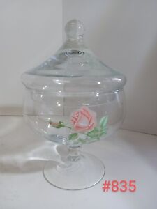 Vtg European Art Glass Apothecary Jar Painted Pink Roses Valentines Day Gift
