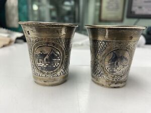 Antique Niello Imperial Russian Vodka Cup Silver Engraved Set Of 2