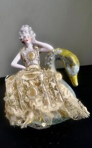 Antique Half Doll W Legs Arms Away On Metal Swan Pin Cushion Schneider