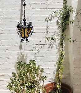 Antique Spanish Colonial Revival Lantern Black Scrolled Wrought Iron Porch Light