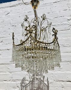 29 Antique Chandelier Tiered Brass Glass Floral French Italian Vintage