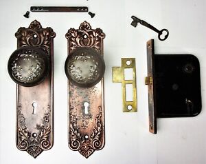 Antique Entrance Door Set Victorian Eastlake Backplate Knob Mortise Lock Key