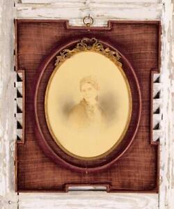Fabulous Antique French Portrait In Large Velvet Frame Bow Ribbon Crest 1877